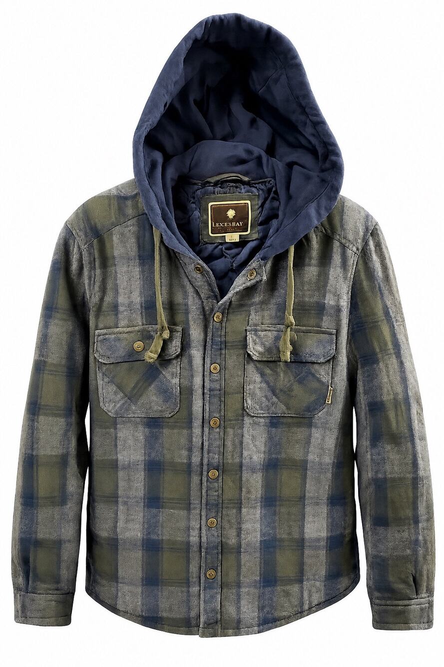 Legendary Outfitters Hooded Plaid Flannel Shirt Jacket Green Gray Grunge Shacket